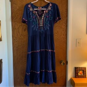 Johnny Was Navy Embroidered Short-Sleeve Tiered Midi Dress